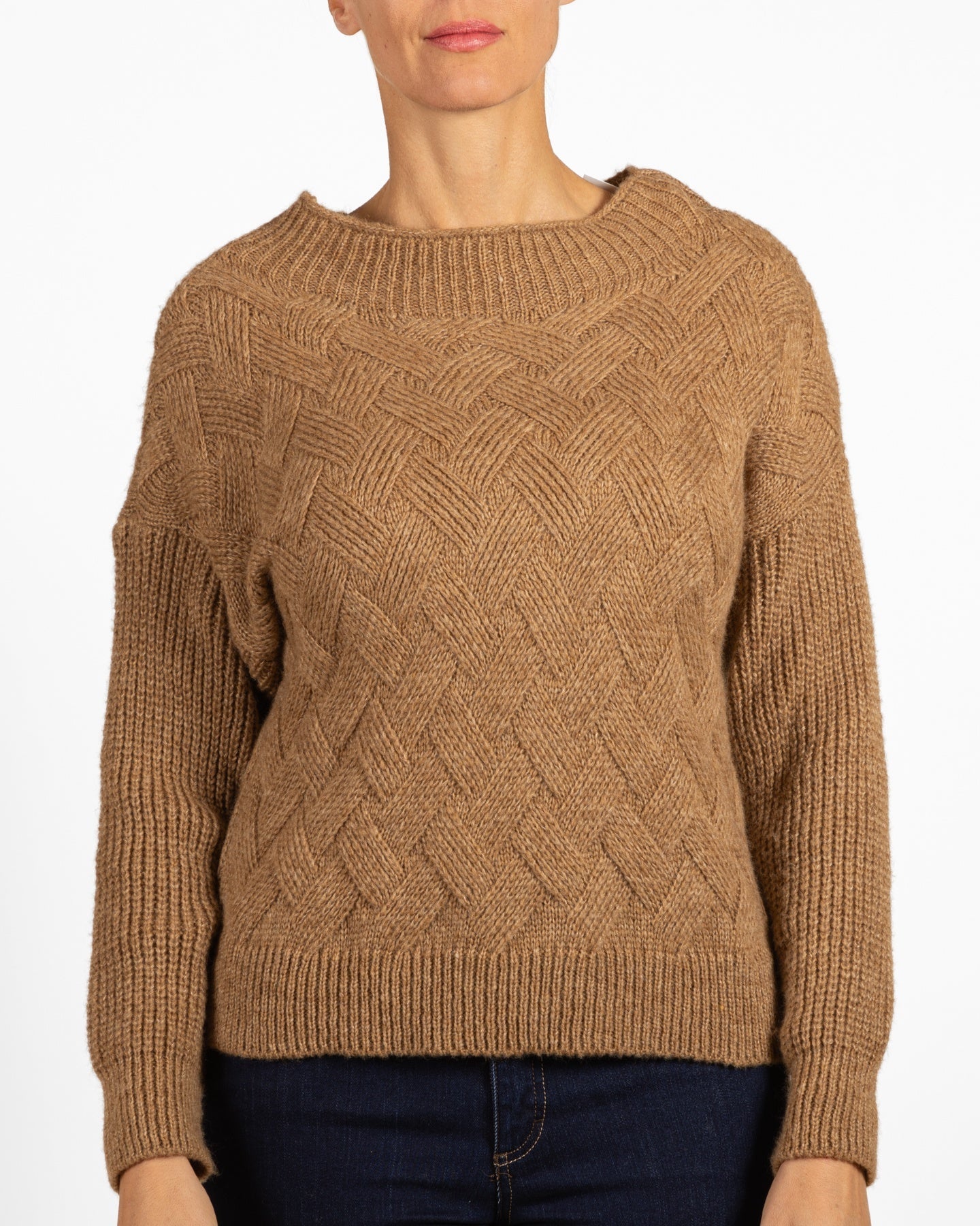 Pull camel à col montant et maille panier