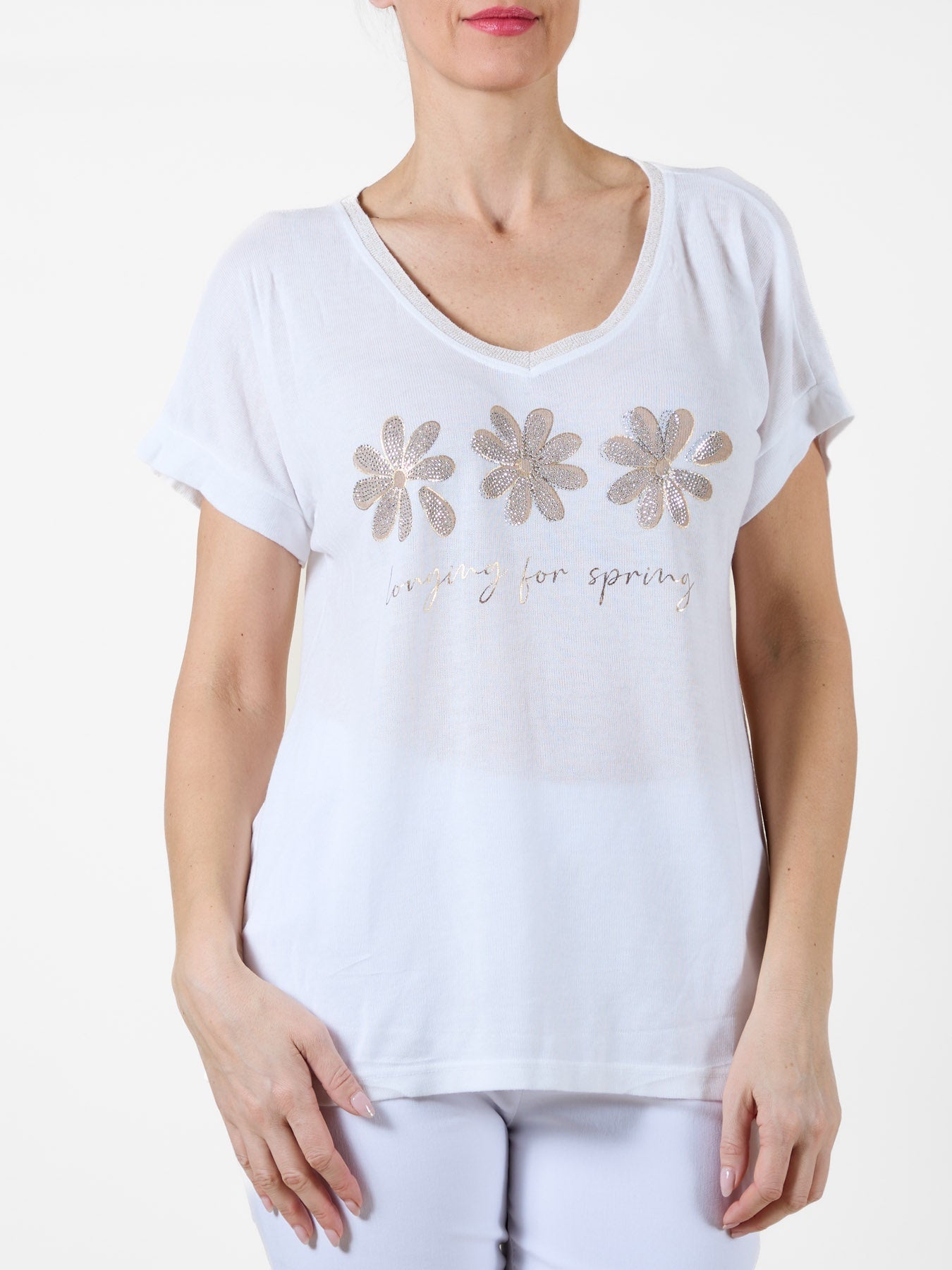 White T-Shirt with Gem Flower Design and "Longing for Spring" Text