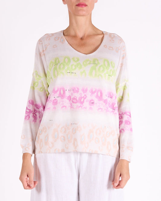 Strawberry V Neck Drop Shoulder Studded Multi Animal Print Pullover