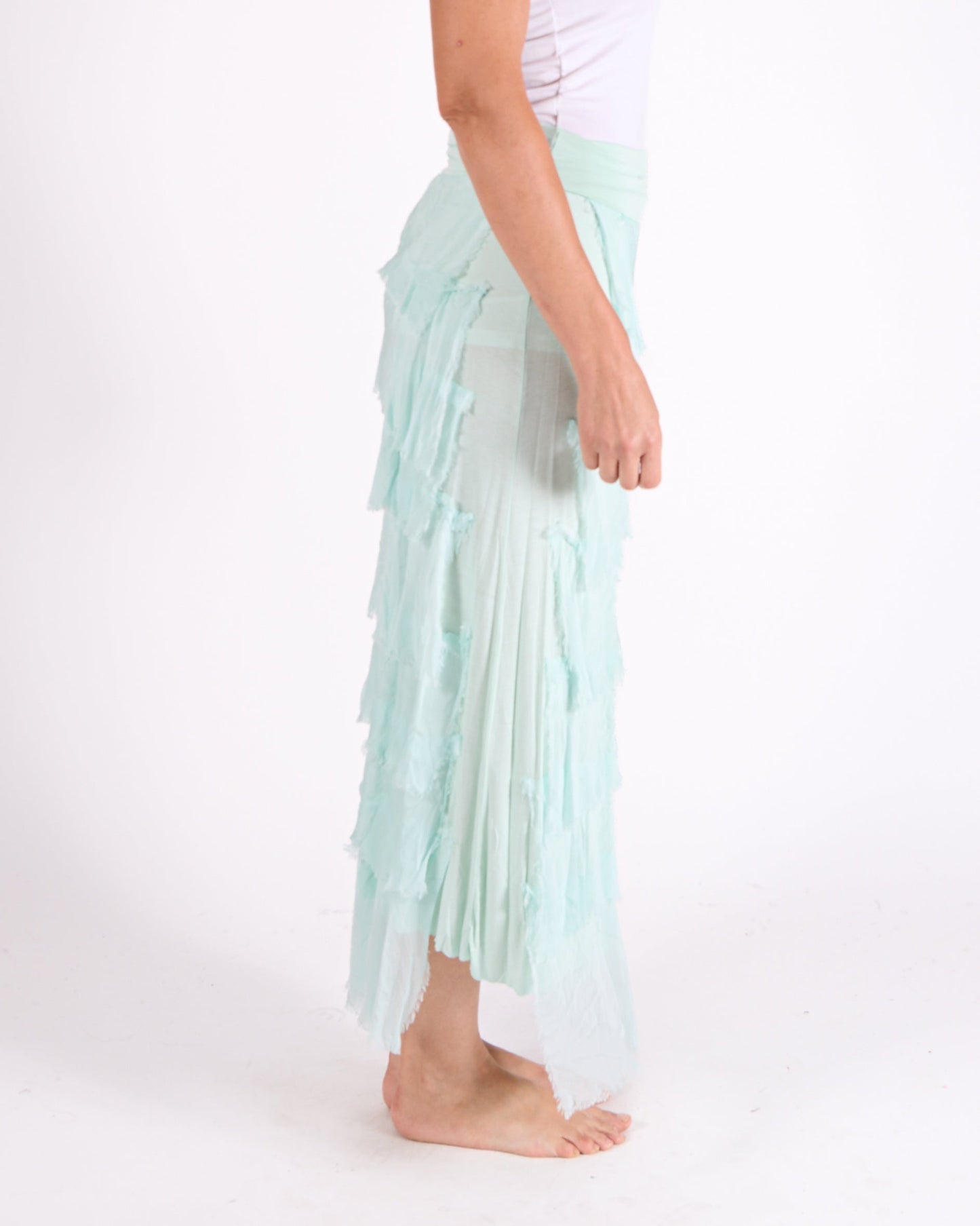 Seafoam Fold Over Waist Band Raw Edge Multi Layer Skirt