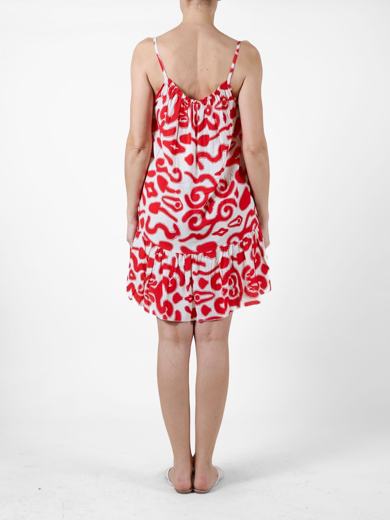 Tomato Spaghetti Strap Dress with Ruffle Hem and Abstract Tropical Print