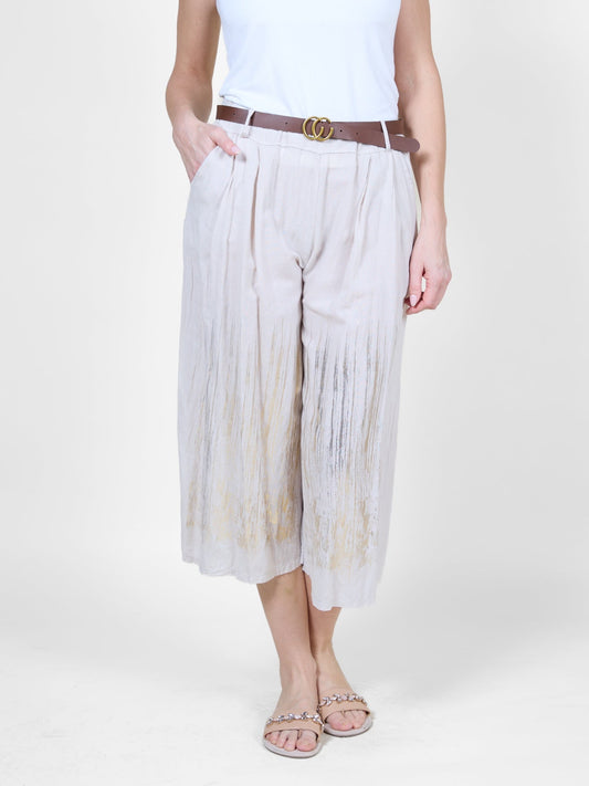 Sand-Colored Capri Flowing Beach Pants with Metallic Gold Marks