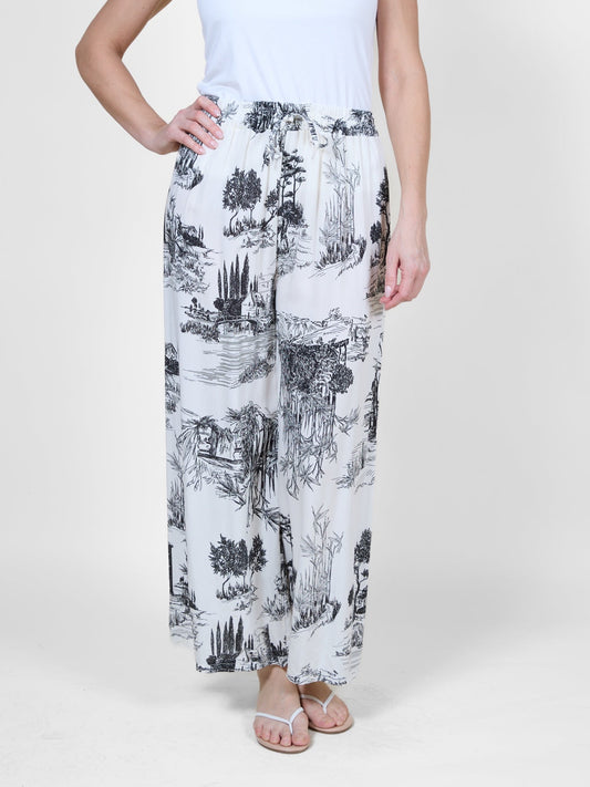 Pantalon large imprimé tropical minuit avec ceinture à nouer