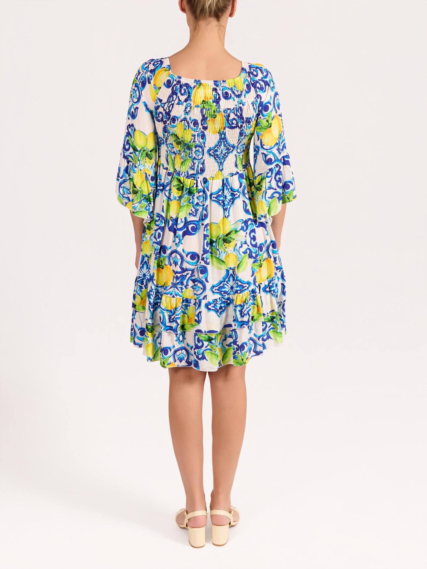 Robe Amalfi Paon à Manches à Volants aux Coudes avec Fronces et Imprimé Citrons