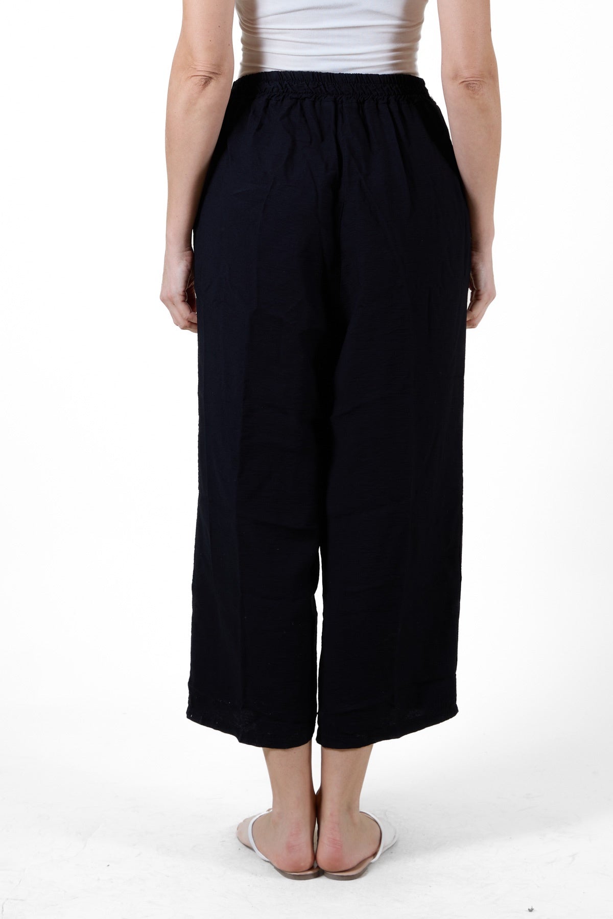 Black Cropped Pull-On Pants with Tie Waistband