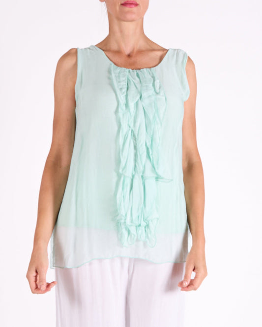 Seafoam Ruffle Front Trim Sleeveless Blouse