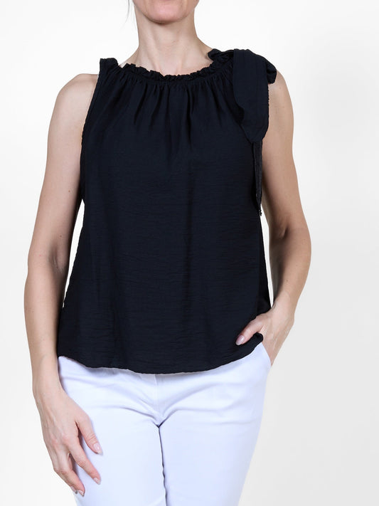 Black Sleeveless Top with Ruffled Neckline and Side Tie