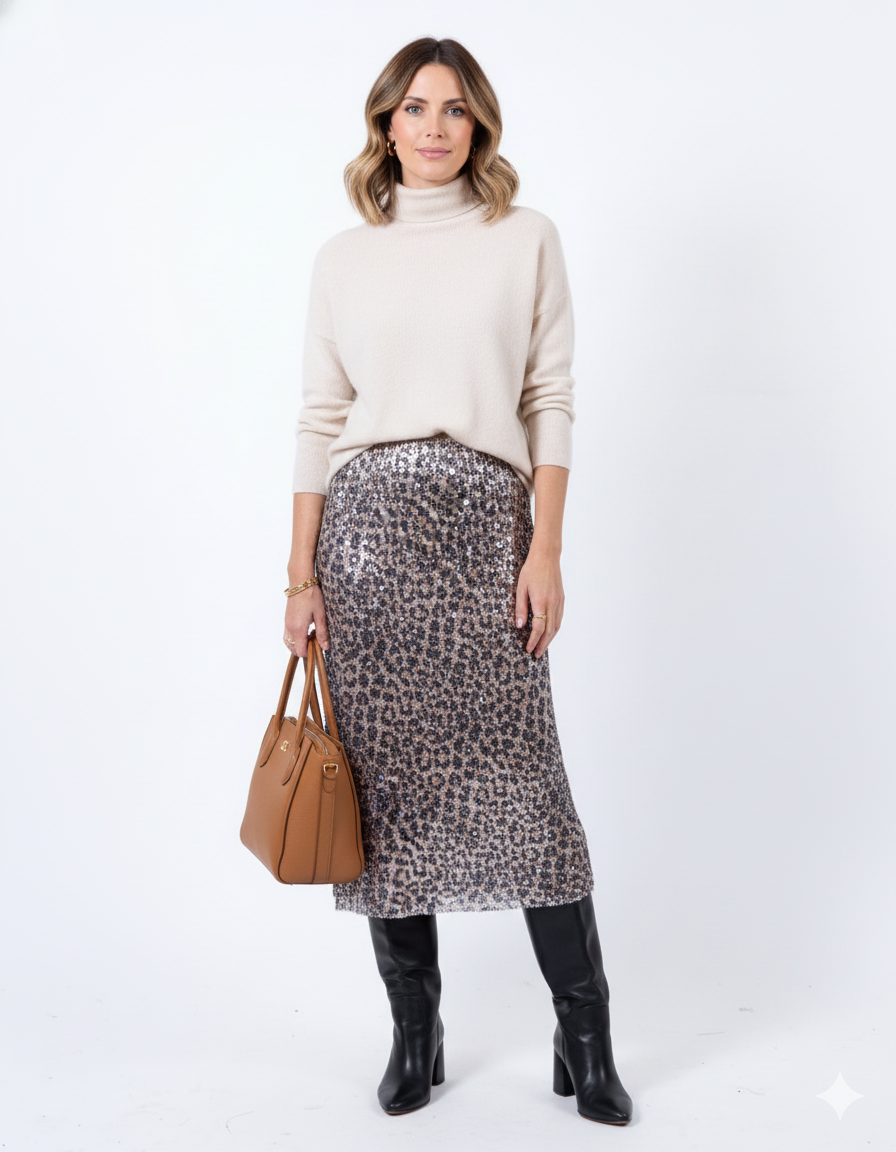 Beige Pull on Leopard Animal Sequin Skirt