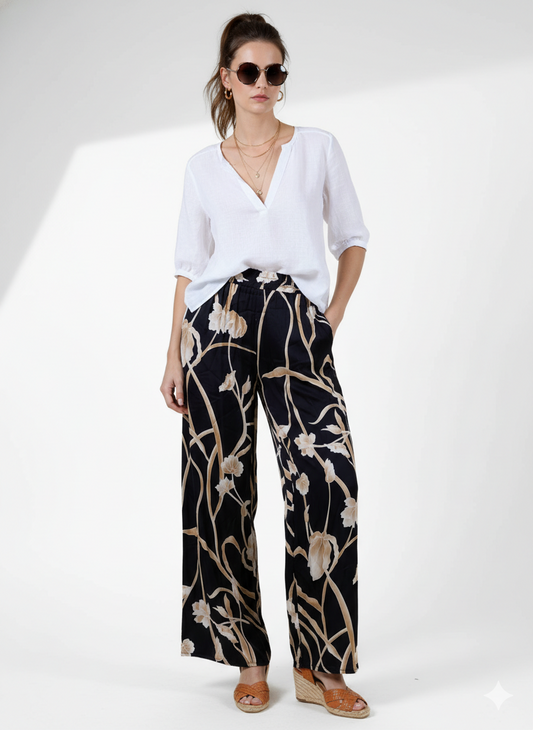Black Floral Wide-Leg Pants