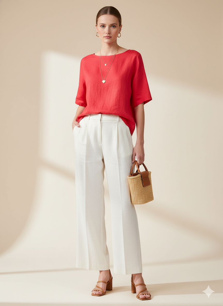 Red Cuffed Short-Sleeve Button-Back T-Shirt Blouse