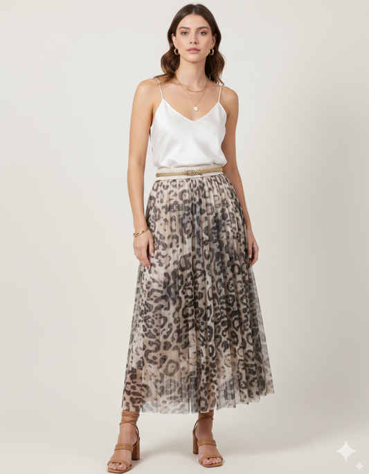 Beige Pull On Double Layer Animal Mesh Skirt