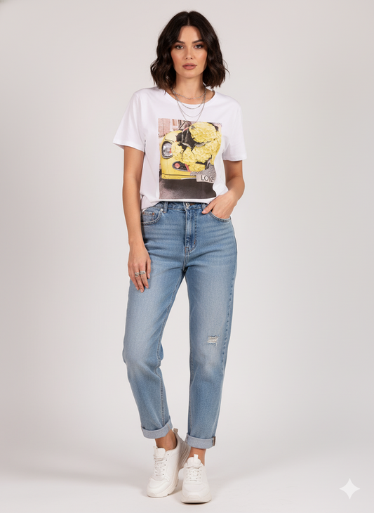 T-shirt jaune à col en V à manches courtes Beatles LOVE floral