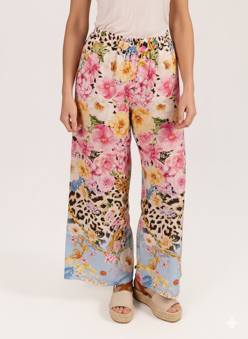 Pantalon Rose à Taille Élastique avec Imprimé Tigre Floral