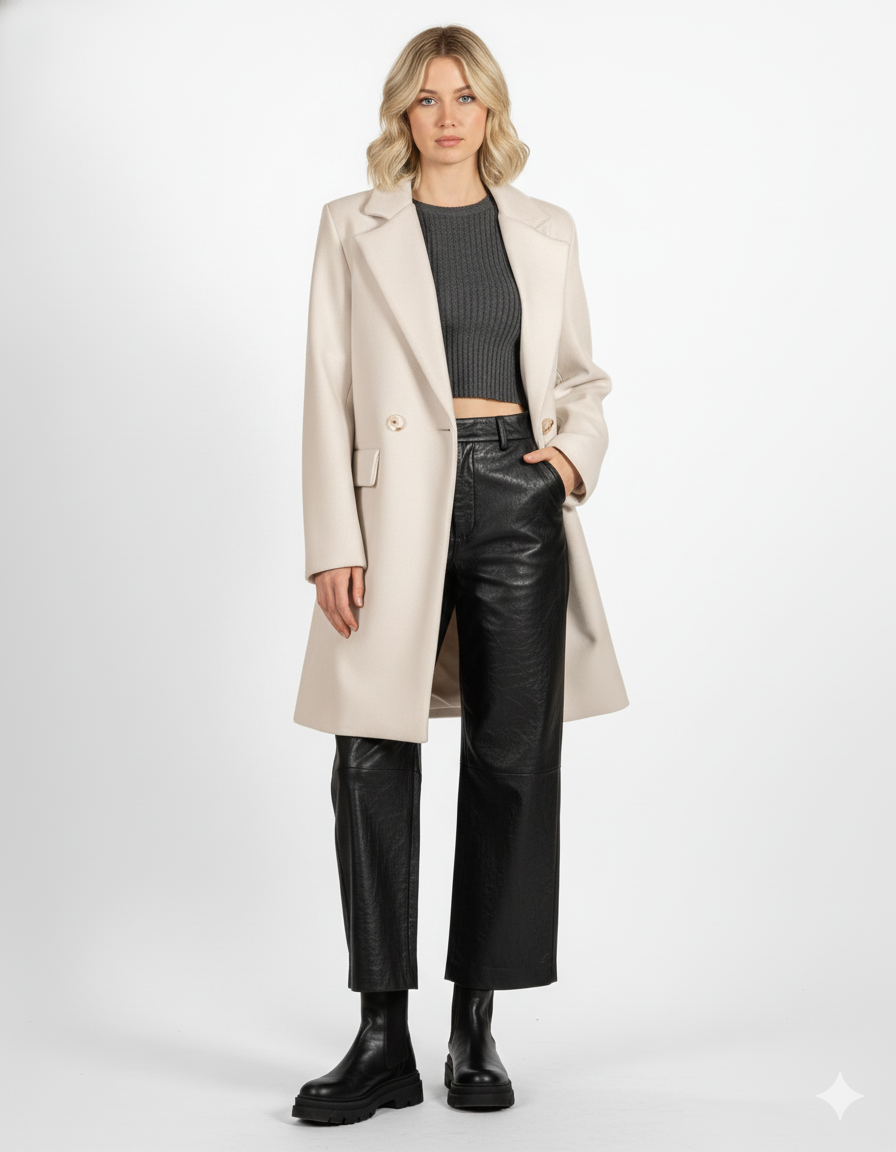 Ivory Double Breasted 2 Pocket Lined Coat