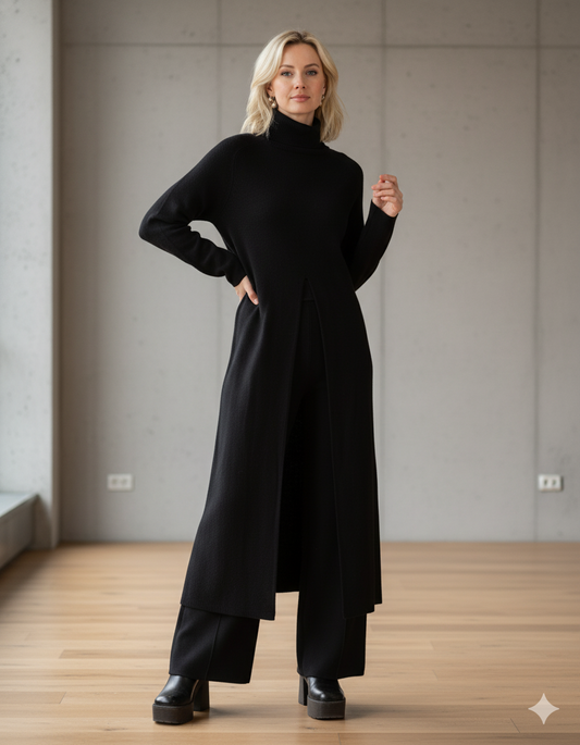Pull tunique noir maxi à col roulé et ouverture sur le devant
