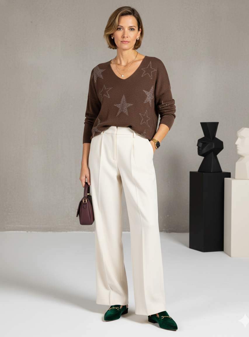 T-shirt espresso à col en V, épaules tombantes et manches longues ornées d'étoiles en lurex.
