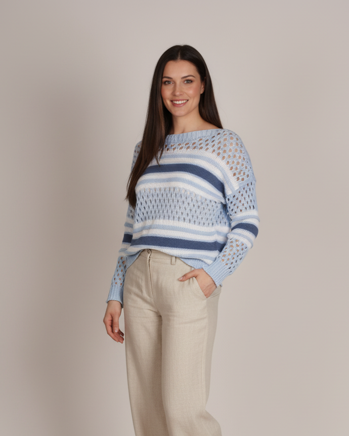 Haut rayé bleu ciel à manches longues en maille lâche