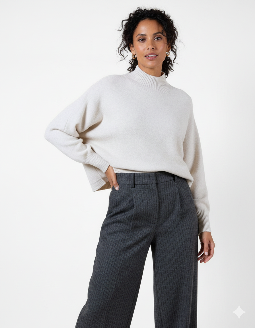 Pull beige à manches chauve-souris et col montant