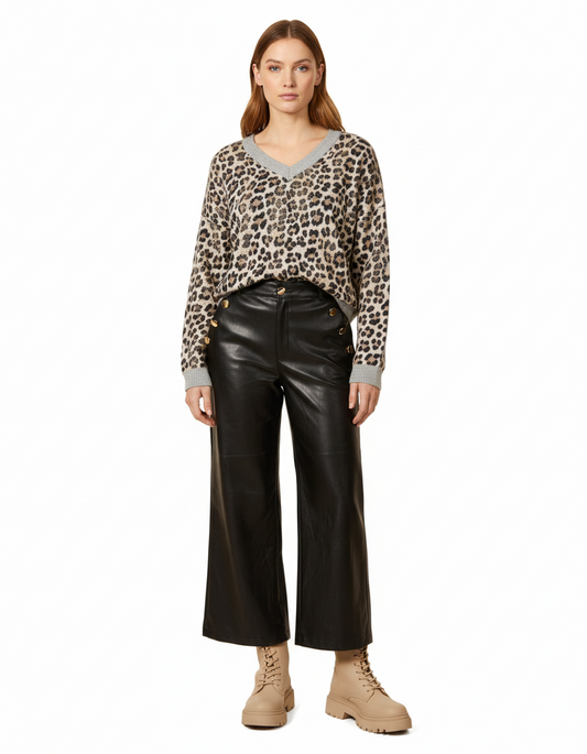 Pantalon large en similicuir nappa ébène à boutons boutonnés sur le devant et orné de boutons dorés