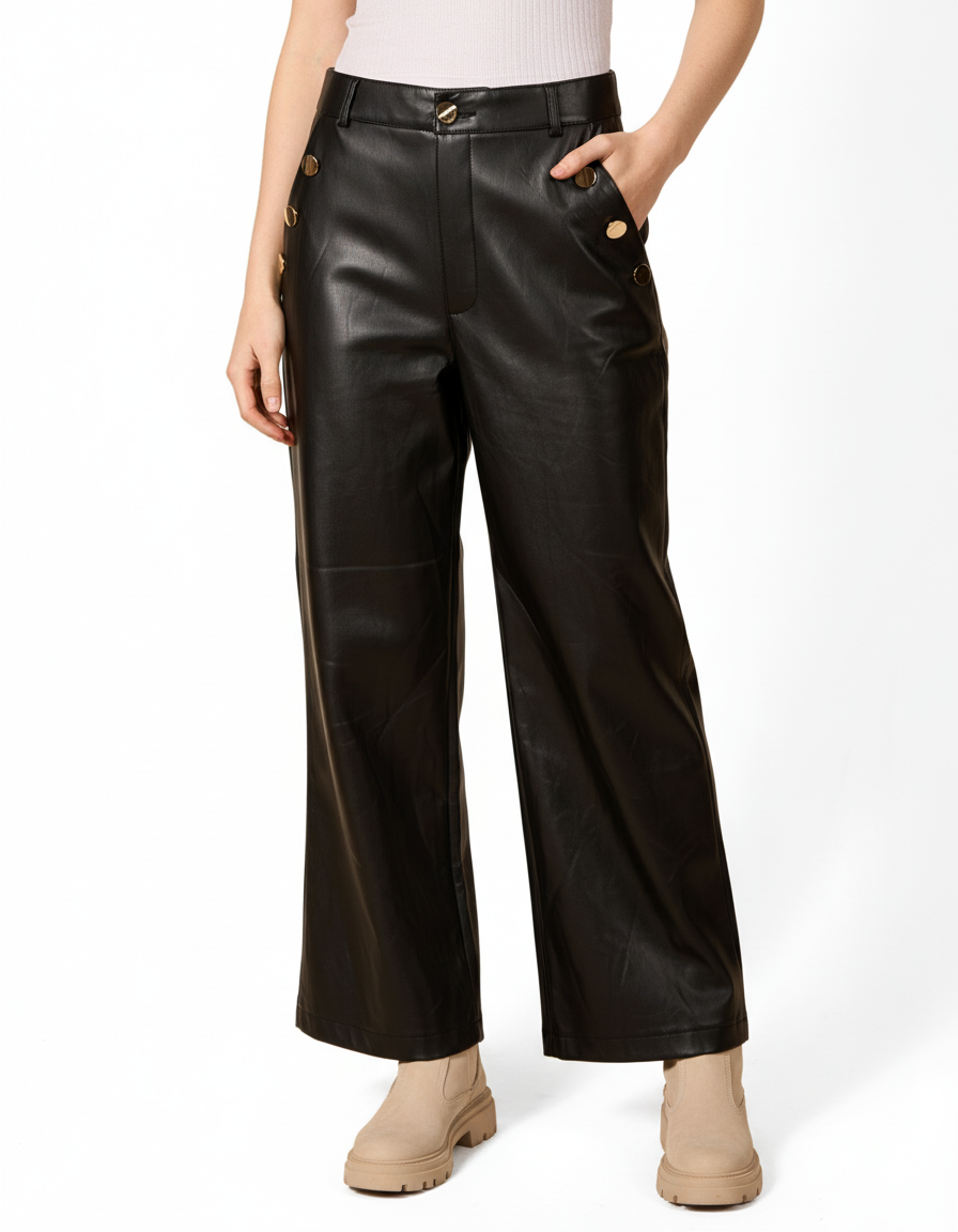 Ebony Button Front Napa Pleather Gold Button Detail Wide Leg Pant