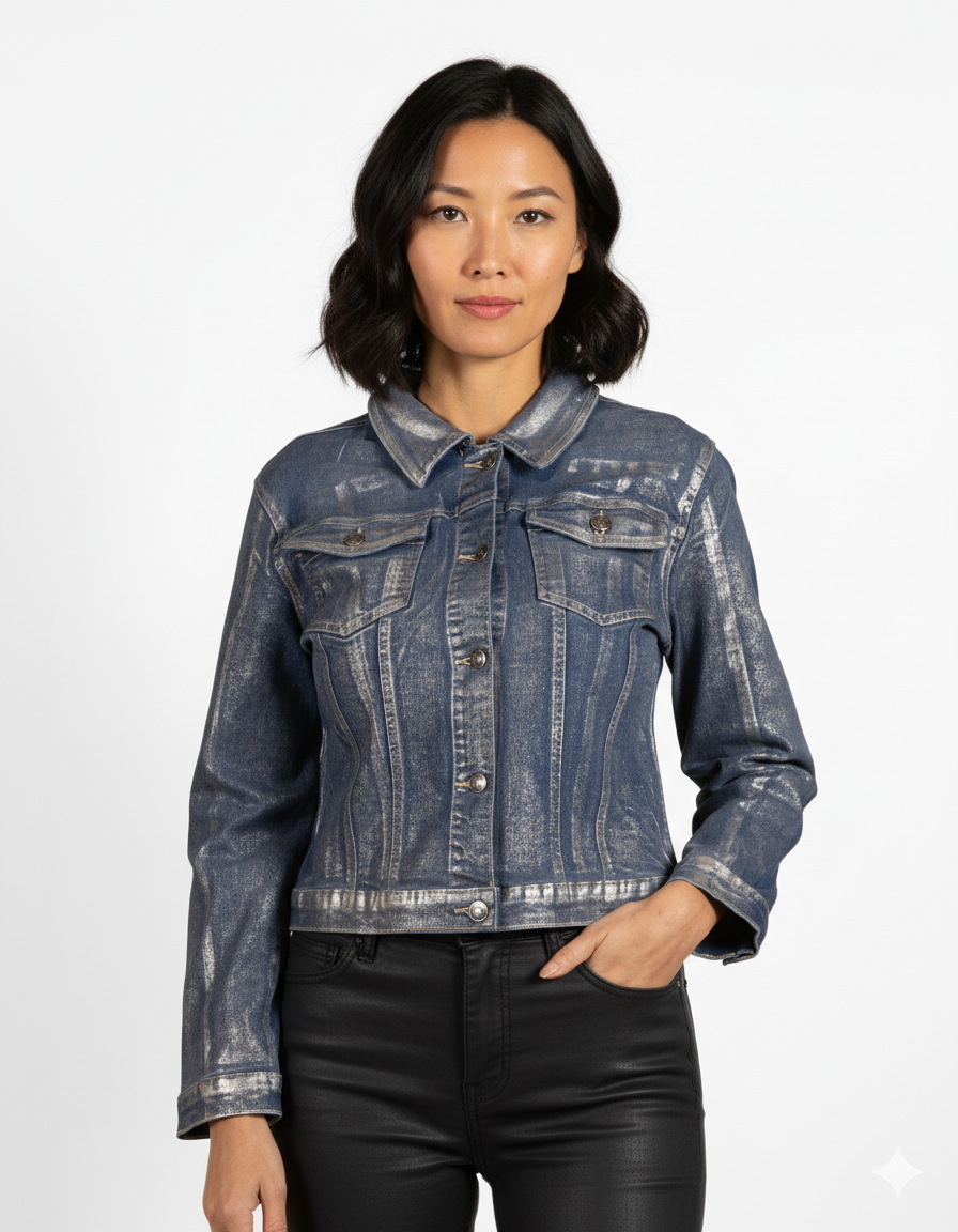 Silver Button Rivet 2 Pkt Multi Seam Foil Front Denim Jacket