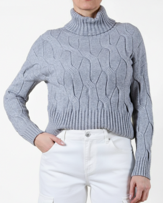 Pull gris à col châle et manches longues en maille torsadée et bord-côtelé
