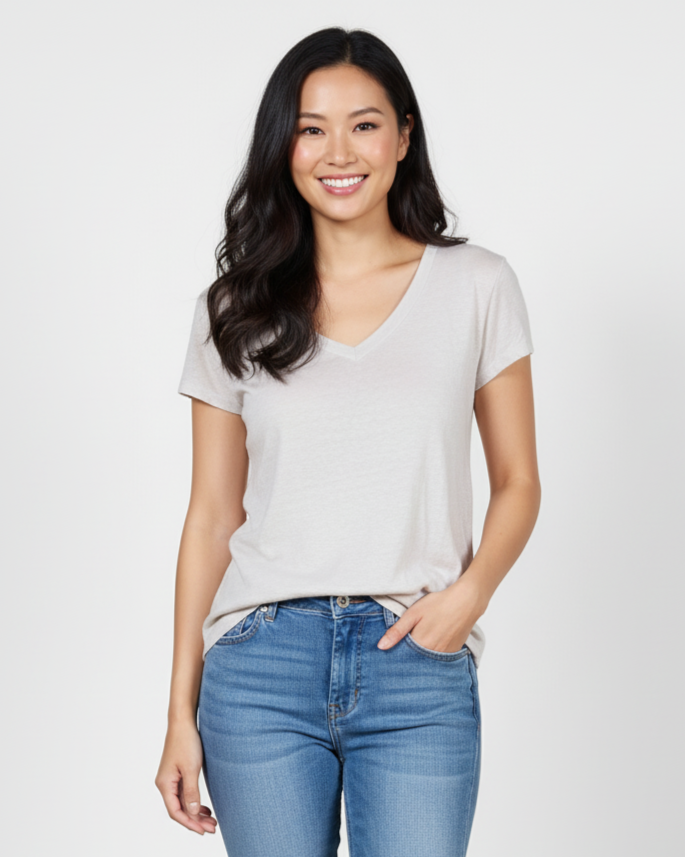 T-shirt beige en lin à col en V