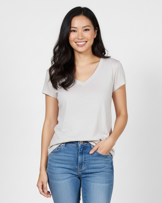 Beige V-Neck Linen T-Shirt