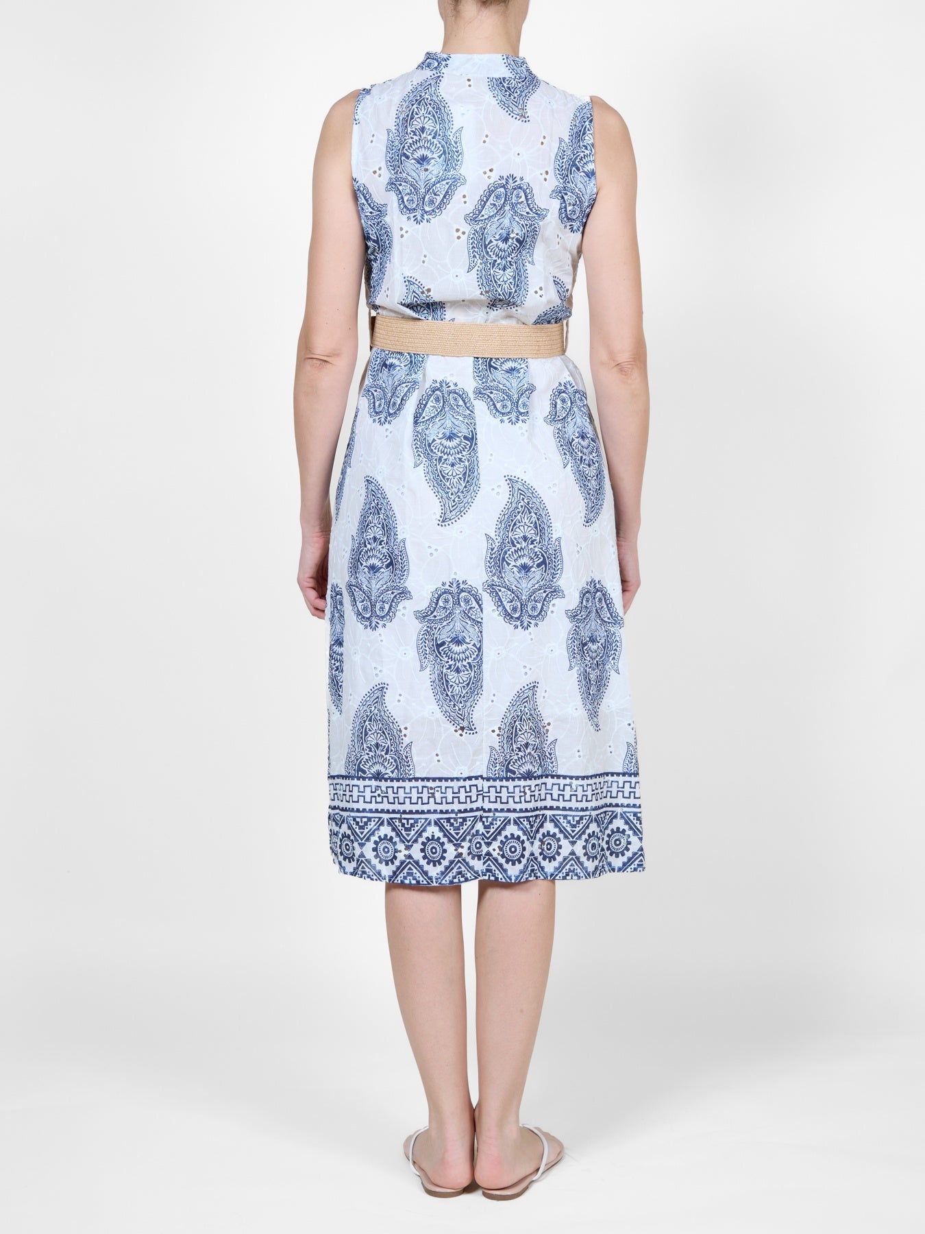 Robe sans manches à imprimé cachemire bleu nuit avec ceinture