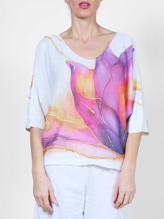 White Top with Bold Purple, Pink & Yellow Floral Print