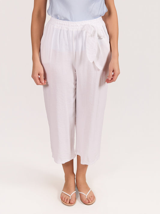 Pantalon Blanc à Taille Élastique avec Détail à Nouer à l’Avant