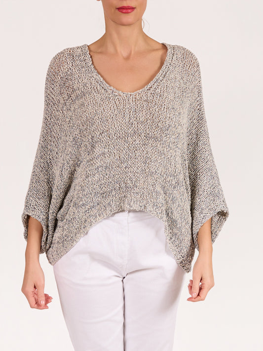 Pull bleu à col en V à épaules tombantes et ourlet à motif chiné