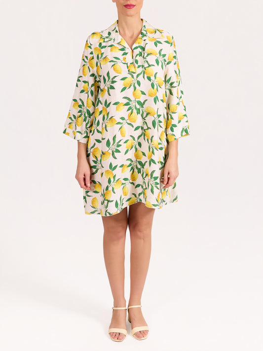 Robe Blanche à Manches 3/4 Col en V avec Imprimé Citrons