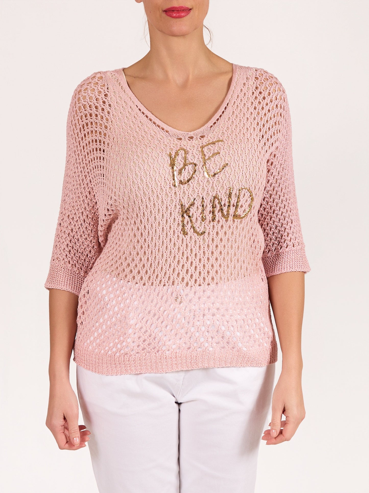 Pull en crochet rose à col en V à manches courtes BE KIND