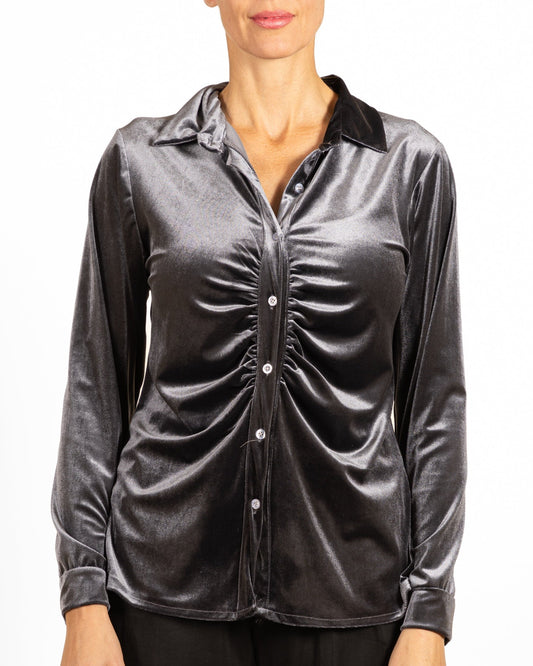 Chemisier en velours à boutons couleur étain et devant froncé