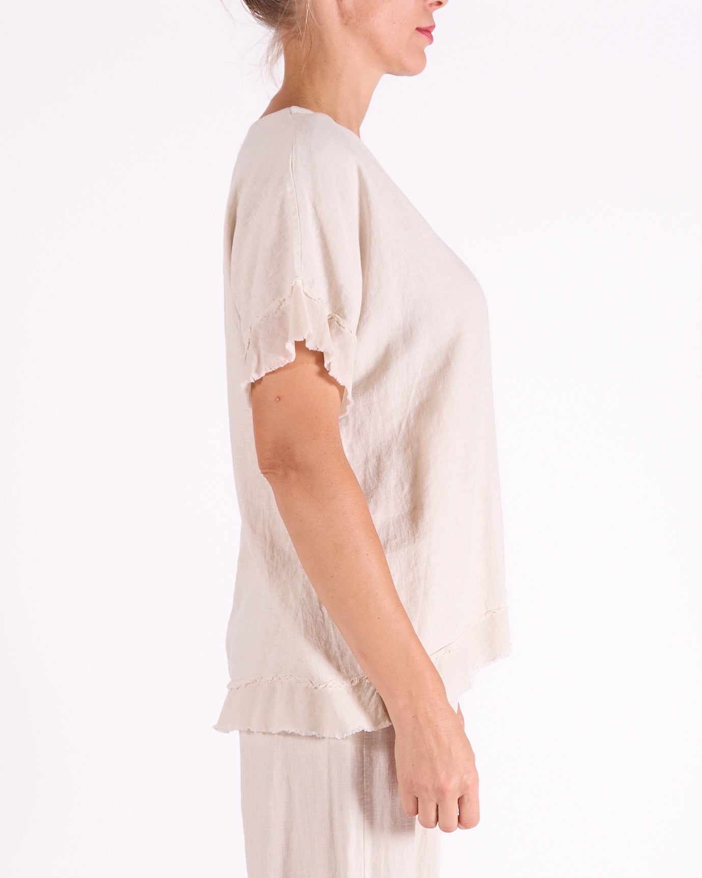 Sand Scoop Neck Raw Edge Hem Trim Top