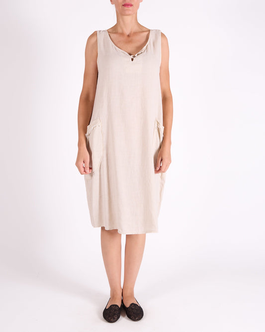 Sand Placket Front Sleeveless 2 Pocket Raw Edge Dress
