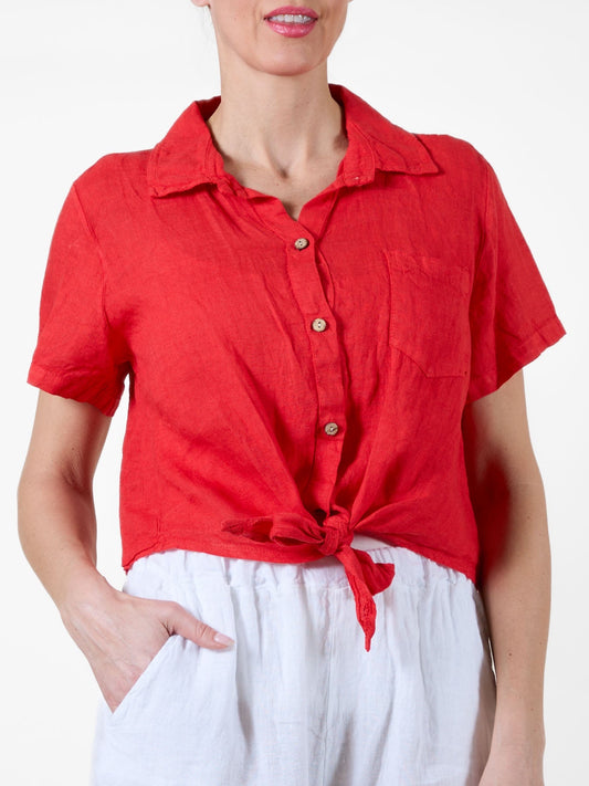 Red Button-Front Tie Shirt