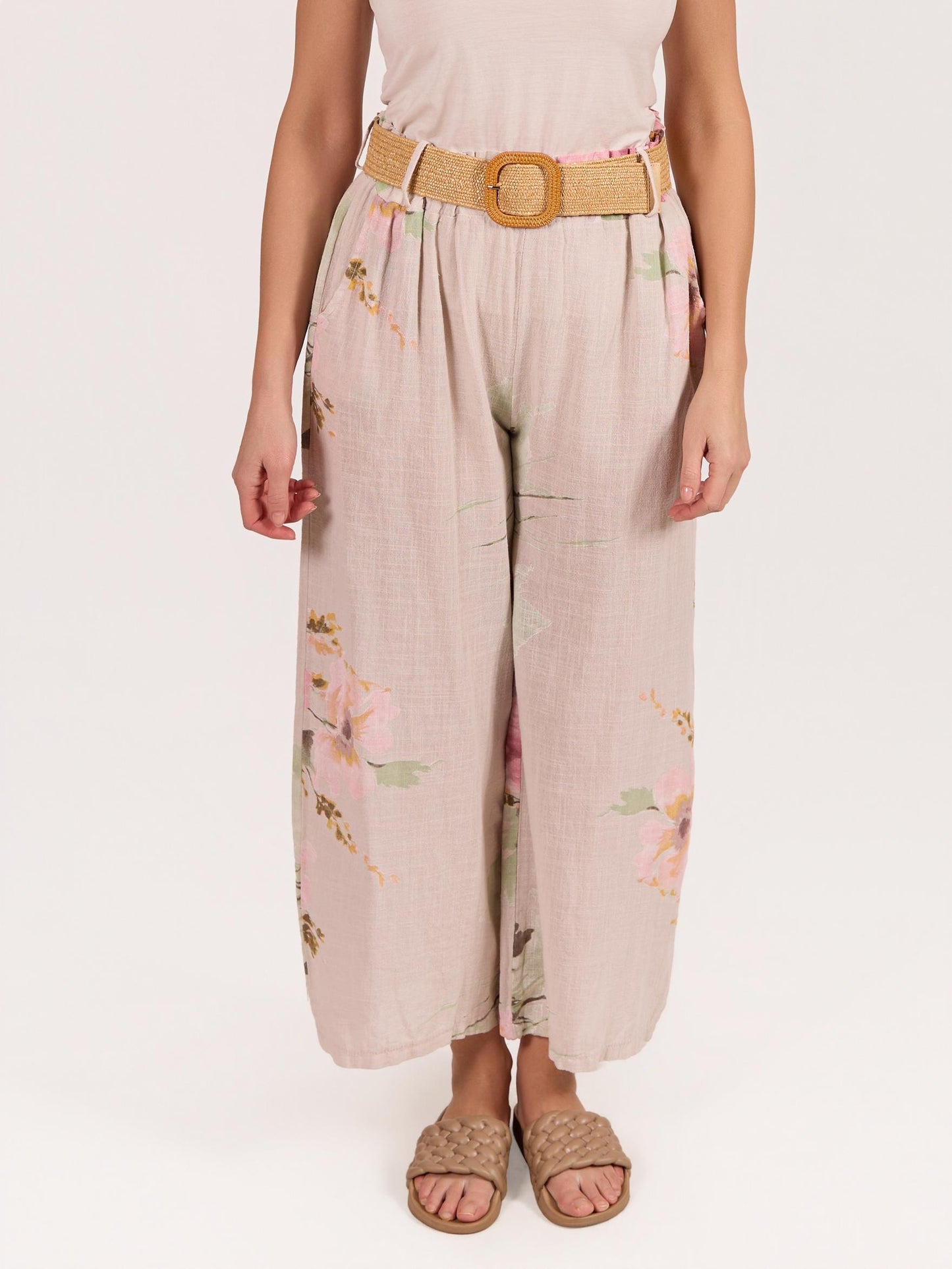 Pantalon Beige à Taille Élastique avec Cordon et Motif Floral