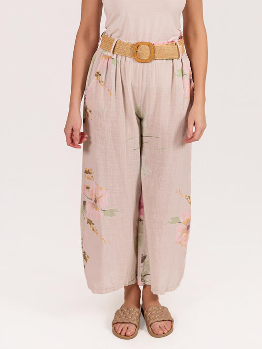 Pantalon Beige à Taille Élastique avec Cordon et Motif Floral