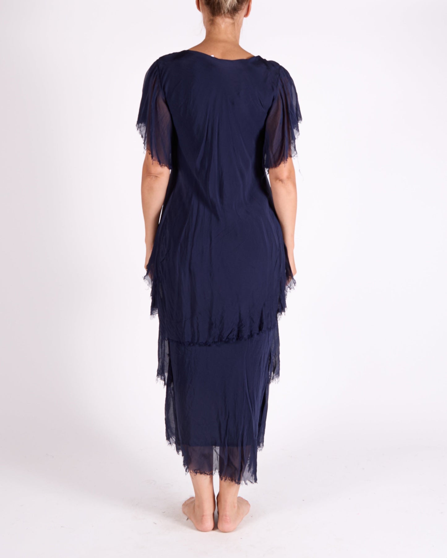 Midnight Short Sleeve Raw Edge Multi Layer Sequin Neck Trim Maxi Dress
