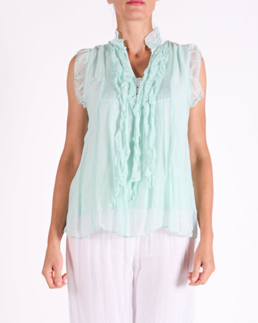 Seafoam Button Front Ruffle Arm and Front Trim V Neck Blouse