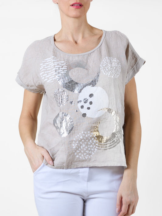 T-shirt beige à motif abstrait de cercles blancs, argentés et dorés