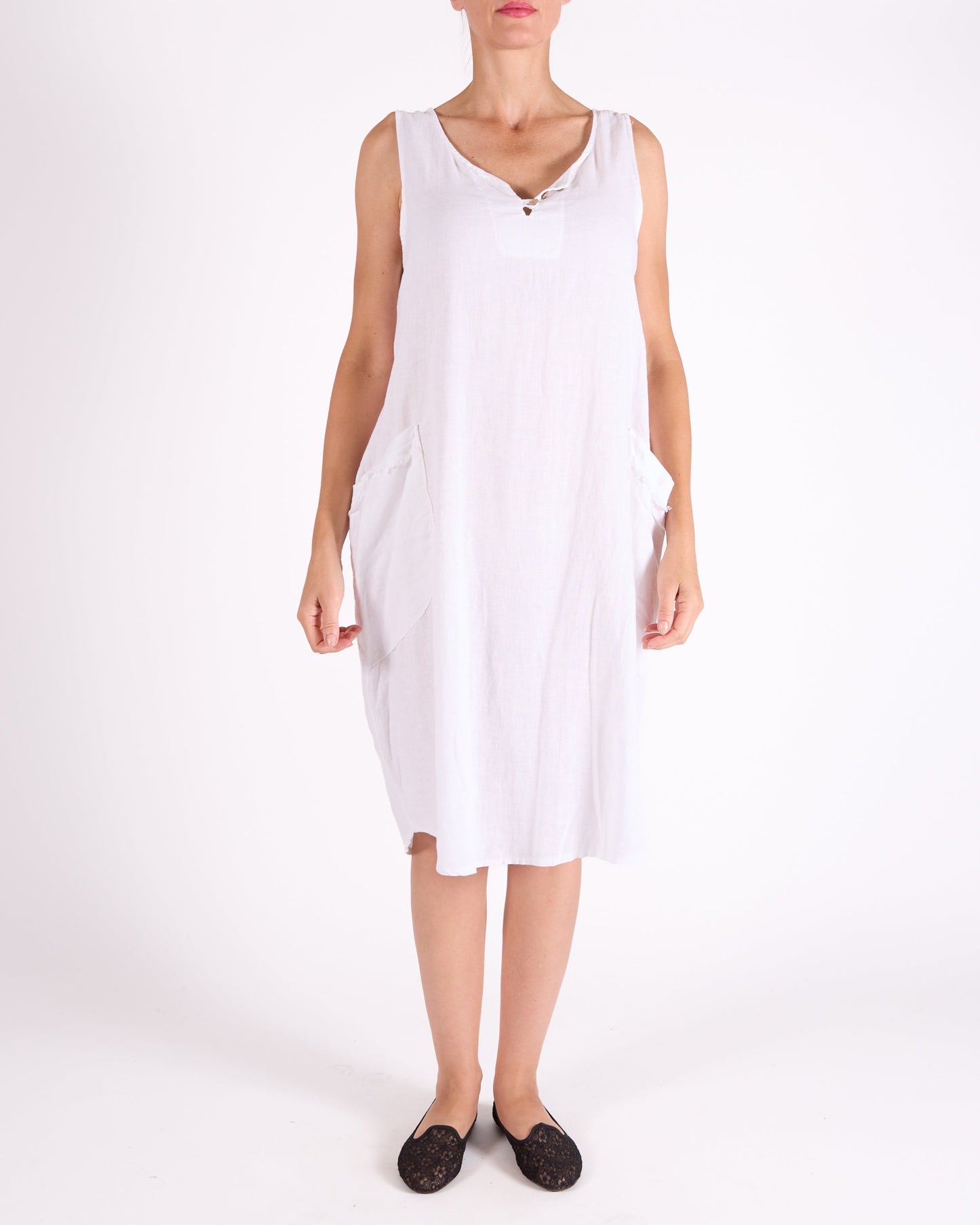 White Placket Front Sleeveless 2 Pocket Raw Edge Dress