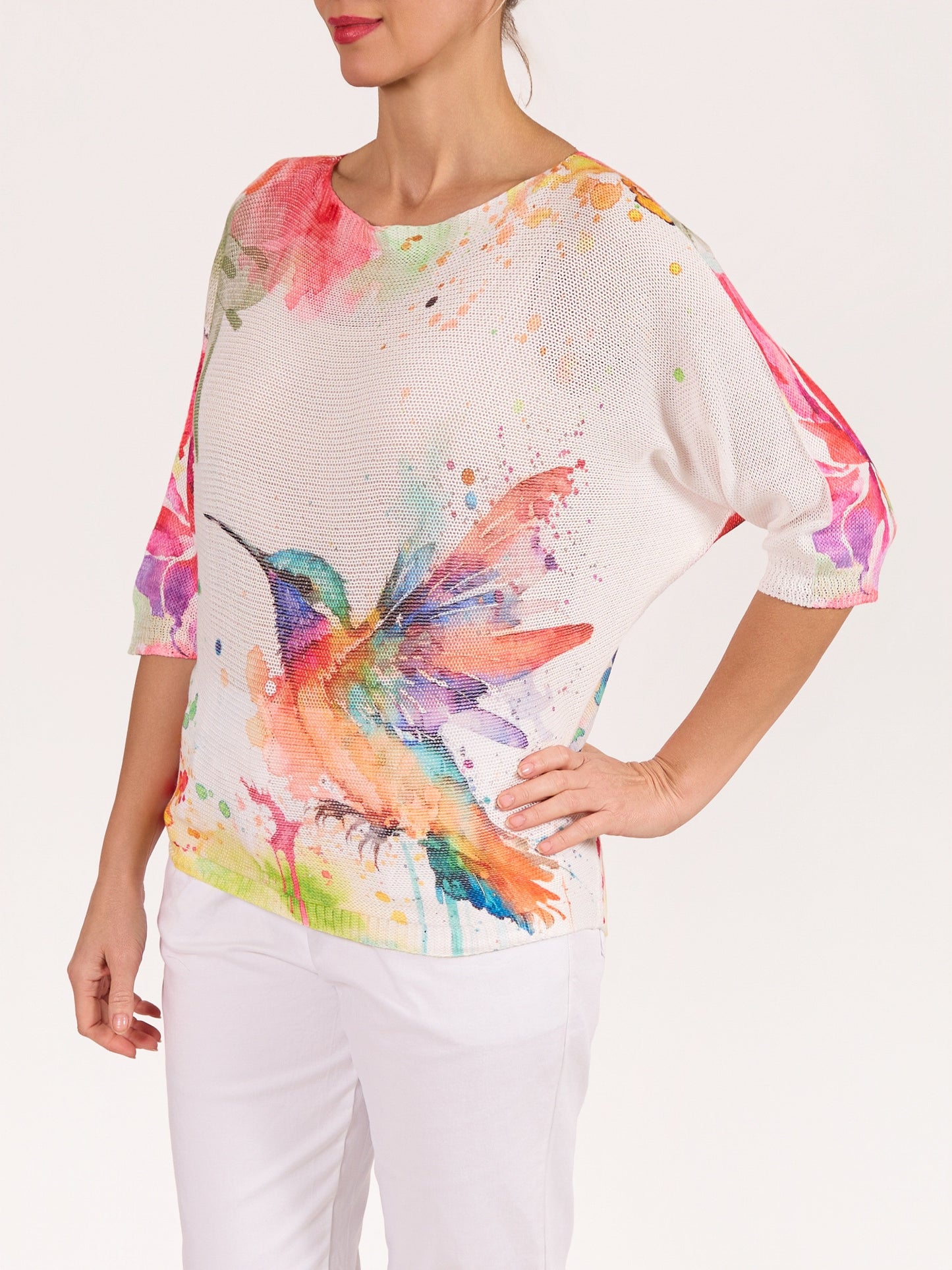 Pullover blanc à encolure bateau et manches au coude avec motif colibri