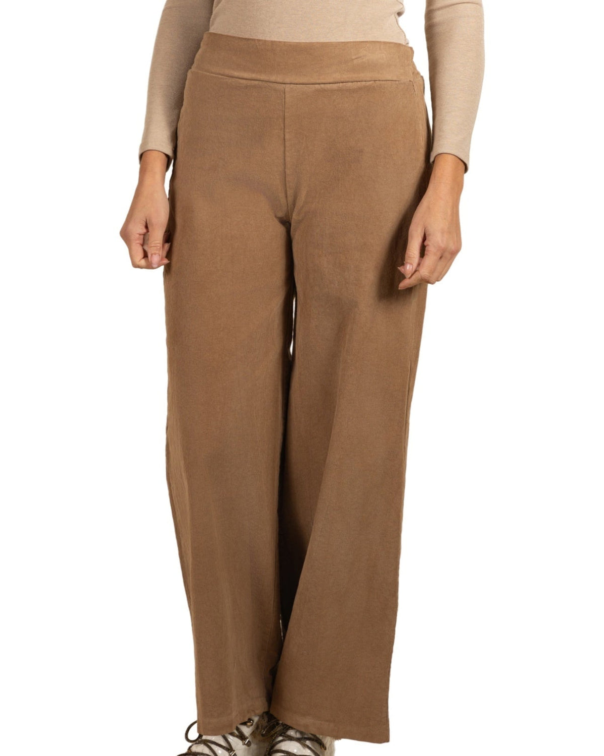Pantalon camel à jambes larges et mini côtelé