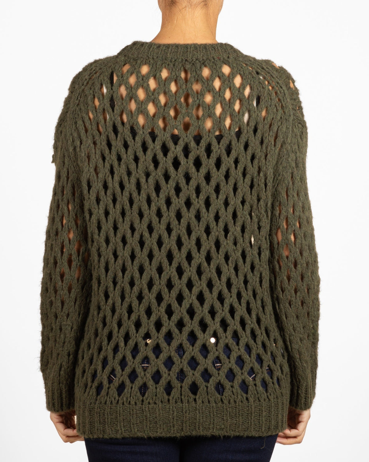 Army Drop Shoulder Scoop Neck Open Diamond Weave Sweater