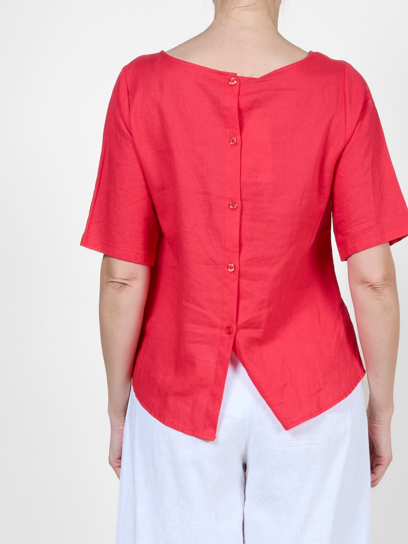Red Cuffed Short-Sleeve Button-Back T-Shirt Blouse