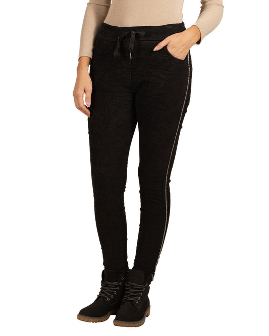 Black Pull On Drawstring 4 Pocket Mini Rib Rhinestone Side Leg Tap