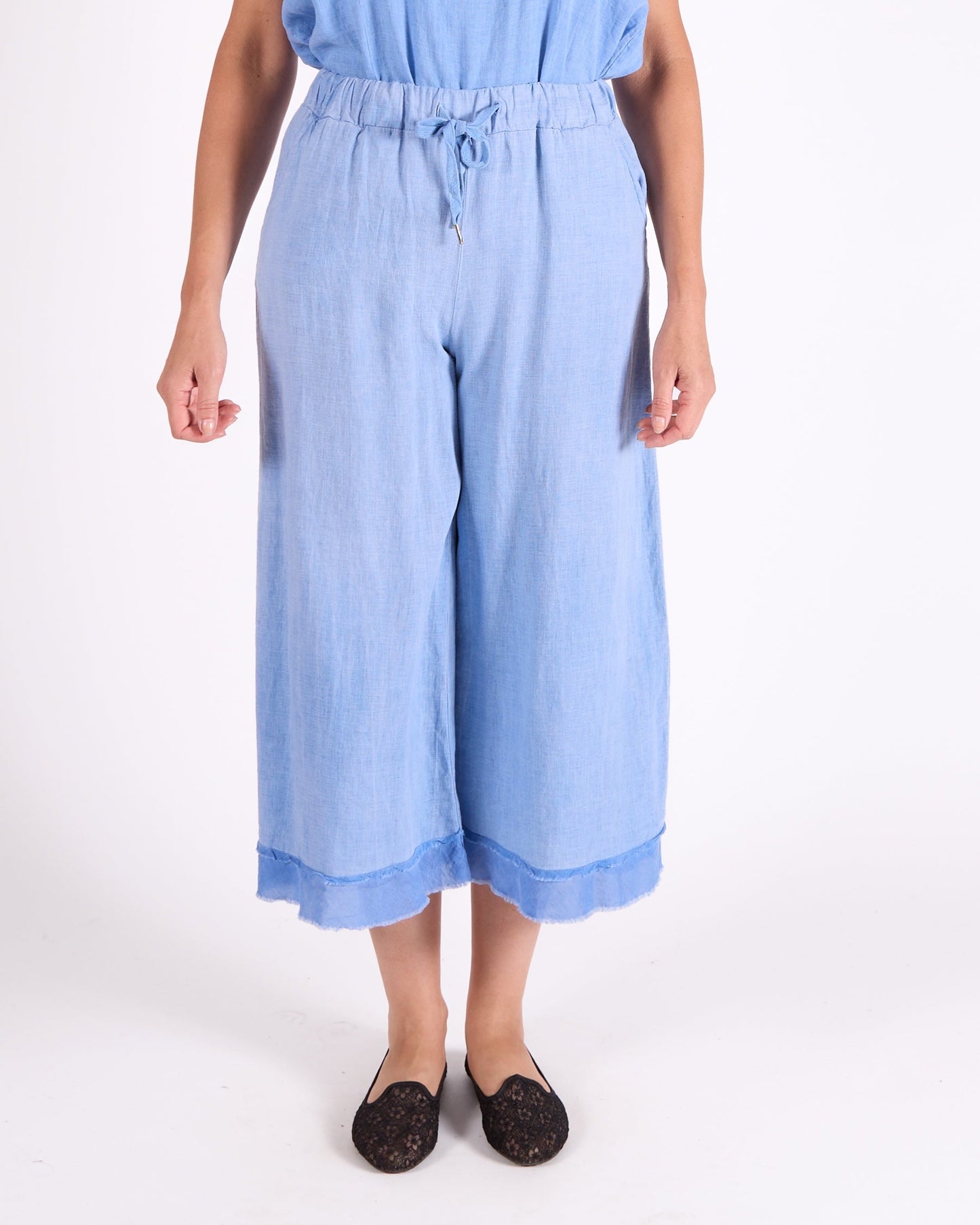 Ocean Blue Pull on Drawstring Raw Edge Hem Pants